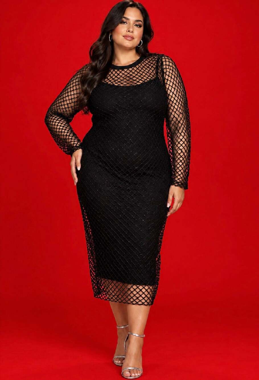 Almost Famous Black Glitter Fishnet Midi Dress – XL